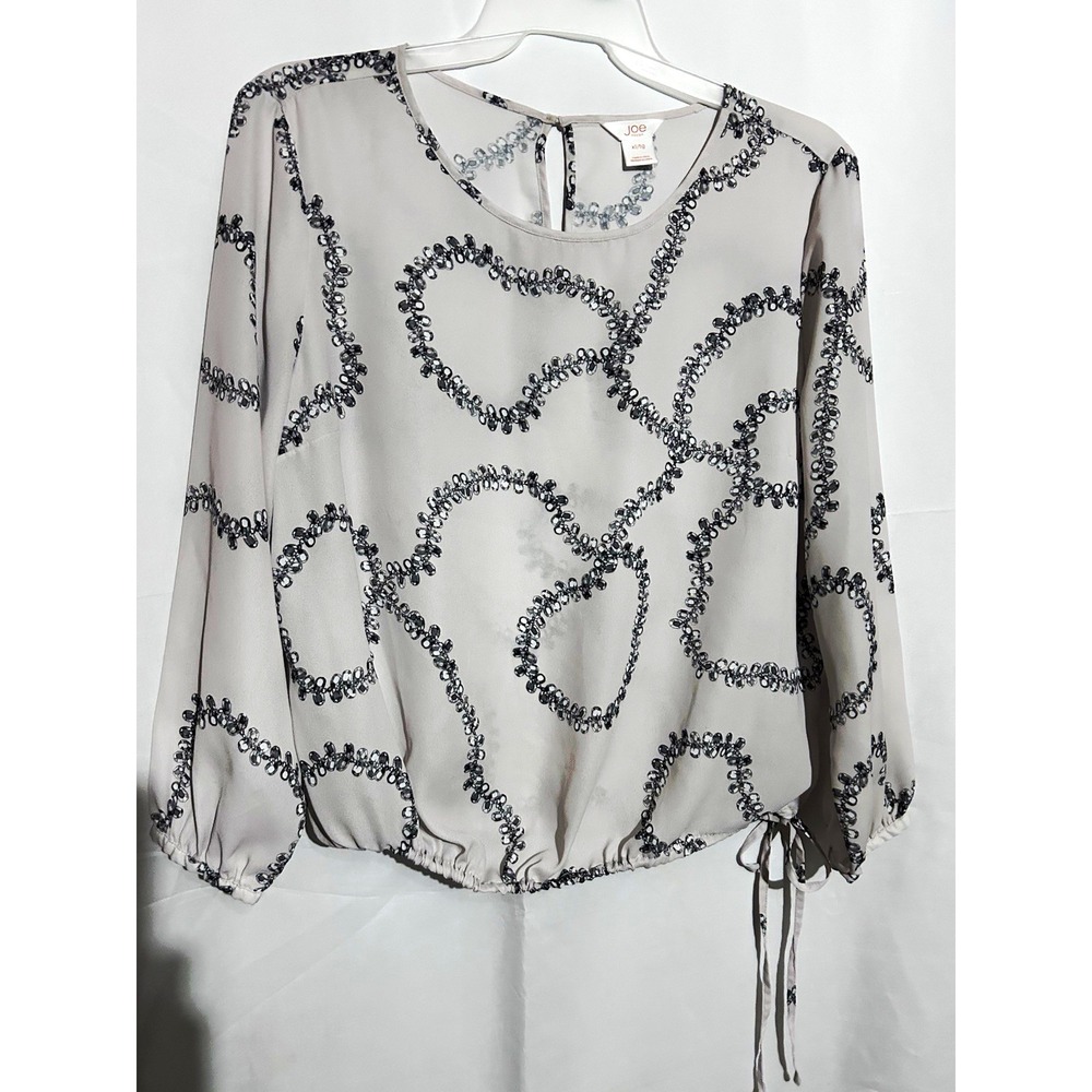 Joe Fresh Gray Black Geometric Round Neck Tie Hem Button Blouse Women's XL